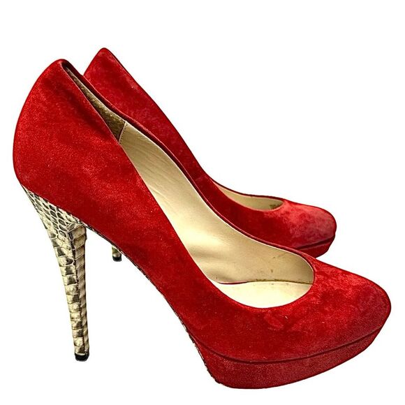 Michael Kors Red Suede 5” Platform Animal Print Soled Heels Size 8 Medium - Picture 11 of 11